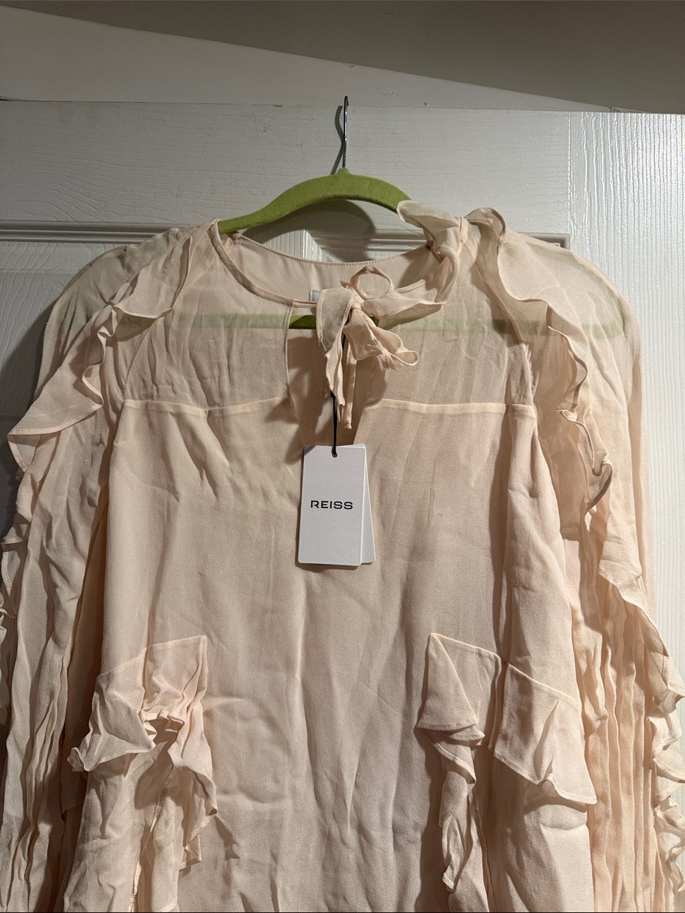 Reiss Pale Blush Ruffle Tie-Neck Blouse